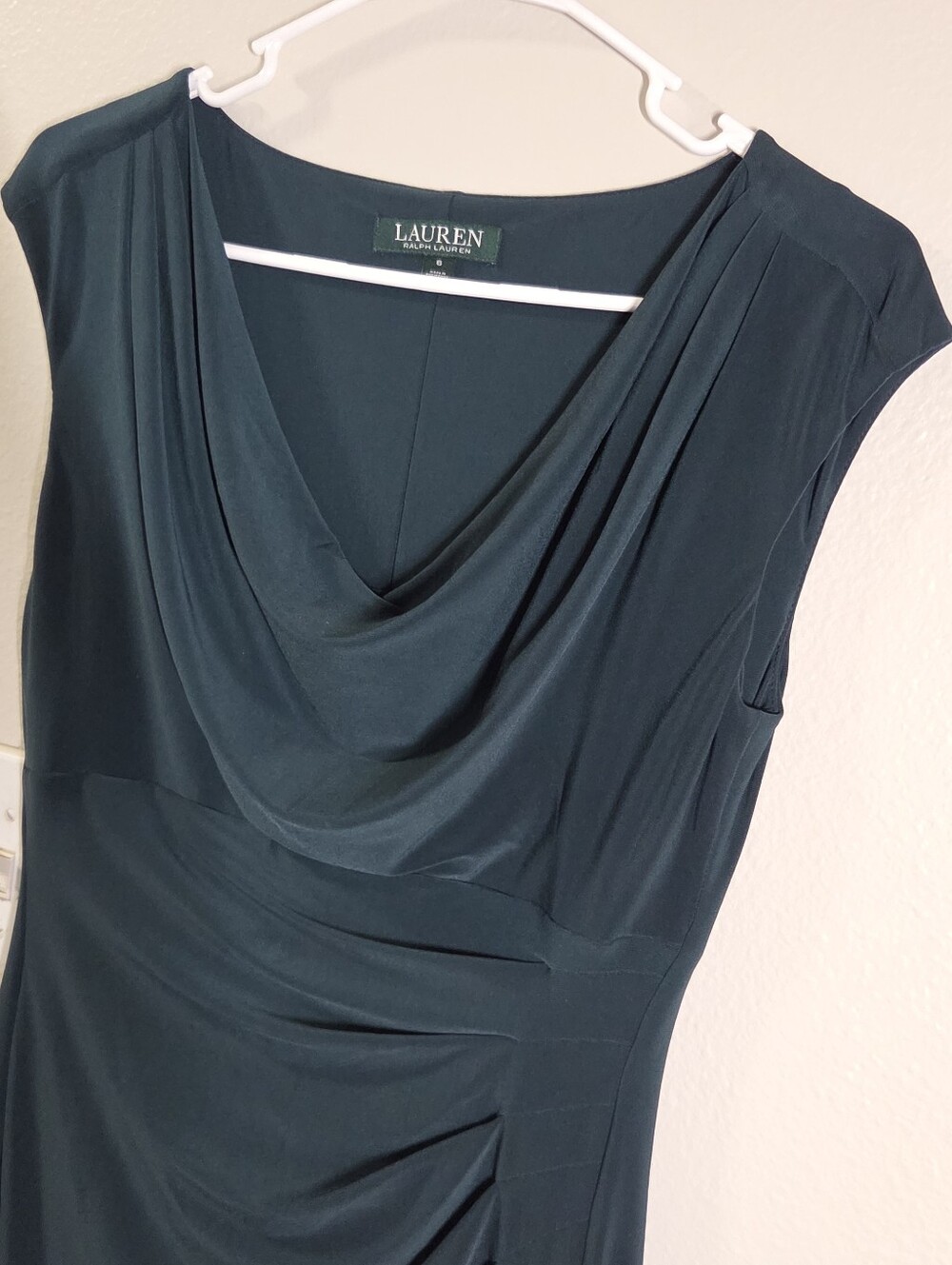 Lauren Ralph Lauren Cowl Neck Ruched Sheath Dress Dark Holiday Green Size 6